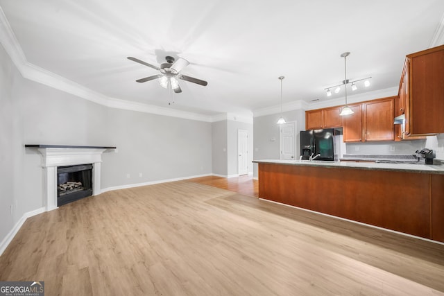 5057 Lower Elm St, Atlanta, GA 30349 - kitchen featuring black fridge, brown cabinetry, a ceiling fan, light wood-style floors, and ornamental molding