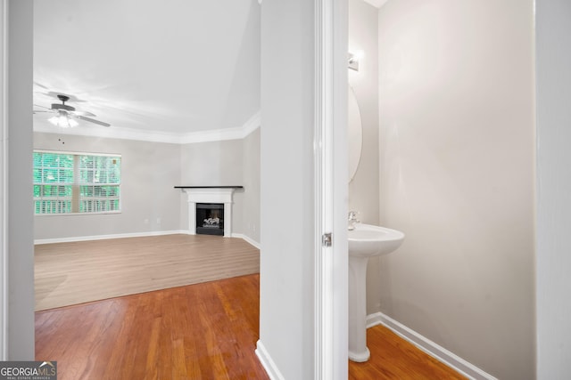 5057 Lower Elm St, Atlanta, GA 30349 - bathroom with ceiling fan, wood finished floors, a fireplace, baseboards, and crown molding
