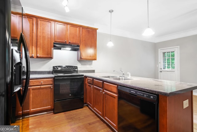 5057 Lower Elm St, Atlanta, GA 30349 - kitchen featuring black appliances, under cabinet range hood, a sink, a peninsula, and light wood-style floors