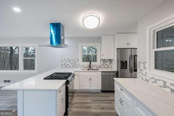 1506 Vine St NE, Gainesville, GA 30501 - kitchen featuring appliances with stainless steel finishes, a sink, exhaust hood, light wood-style flooring, and white cabinetry