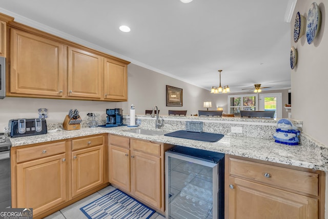 26-105 Midway Street Unit #108But Door #105, Helen, GA 30545 - kitchen with wine cooler, a sink, light tile patterned floors, ceiling fan, and a peninsula