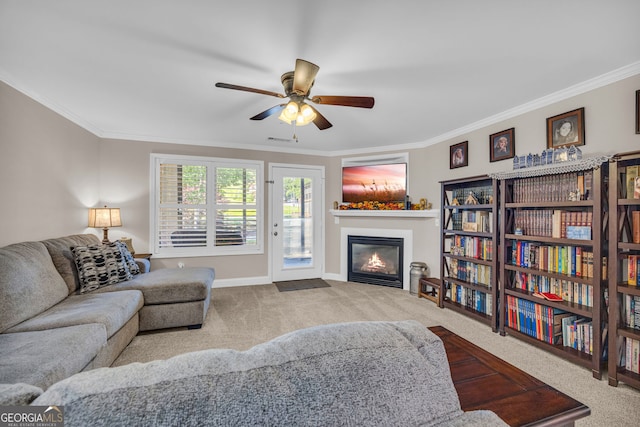 26-105 Midway Street Unit #108But Door #105, Helen, GA 30545 - carpeted living area with ceiling fan, ornamental molding, a glass covered fireplace, and baseboards