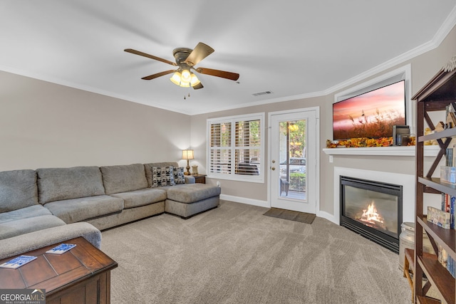 26-105 Midway Street Unit #108But Door #105, Helen, GA 30545 - living room with a glass covered fireplace, carpet, ornamental molding, baseboards, and ceiling fan