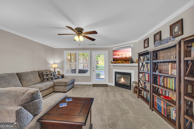 26-105 Midway Street Unit #108But Door #105, Helen, GA 30545 - living room featuring carpet flooring, ornamental molding, a glass covered fireplace, ceiling fan, and baseboards