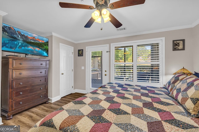 26-105 Midway Street Unit #108But Door #105, Helen, GA 30545 - bedroom featuring access to exterior, crown molding, wood finished floors, baseboards, and ceiling fan
