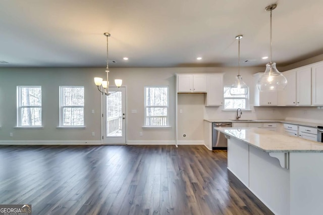 407 Shoals Trl, Dallas, GA 30132 - kitchen featuring stainless steel dishwasher, a sink, dark wood-style floors, recessed lighting, and white cabinets