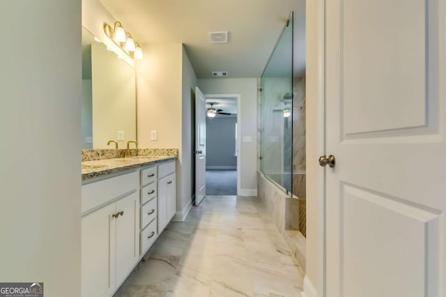 407 Shoals Trl, Dallas, GA 30132 - bathroom featuring double vanity, a shower, marble finish flooring, a bath, and a ceiling fan