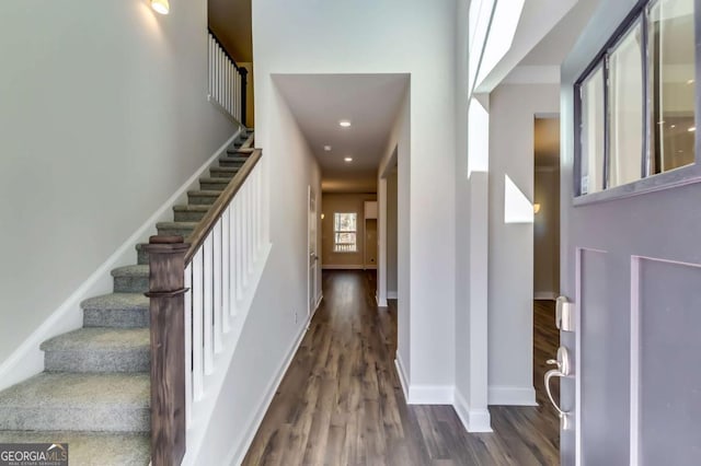 407 Shoals Trl, Dallas, GA 30132 - foyer entrance featuring dark wood-style flooring and stairs