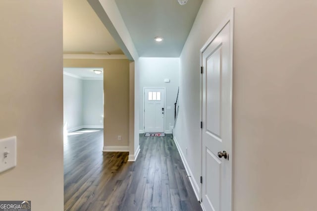 407 Shoals Trl, Dallas, GA 30132 - corridor featuring dark wood-style floors, baseboards, and crown molding