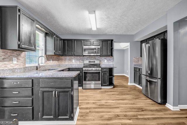 2505 Tiffany Ct, Conyers, GA 30013 - kitchen featuring stainless steel appliances, a sink, light wood-type flooring, a textured ceiling, and decorative backsplash