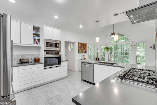 3250 Cobbs Farm Trl NW, Marietta, GA 30064 - kitchen featuring stainless steel appliances, a sink, dark countertops, open shelves, and white cabinets
