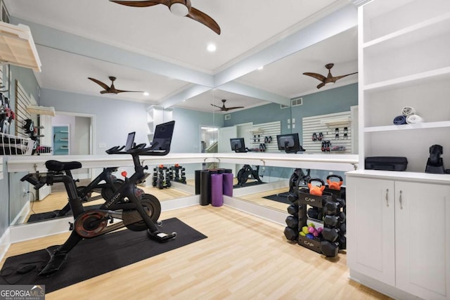 1596 Fearn Cir NE, Brookhaven, GA 30319 - exercise room featuring ceiling fan, wood finished floors, and recessed lighting