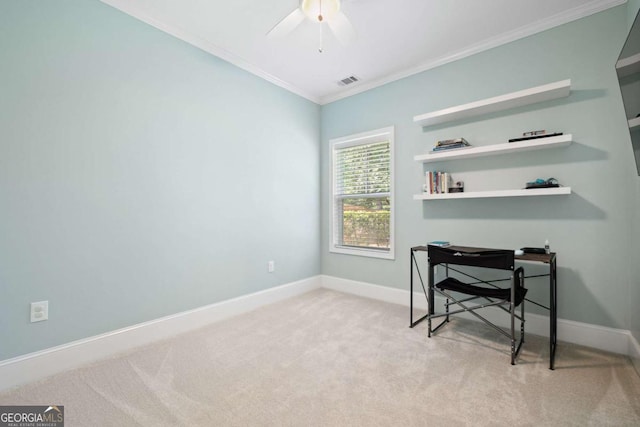 1596 Fearn Cir NE, Brookhaven, GA 30319 - office with crown molding, light carpet, a ceiling fan, and baseboards