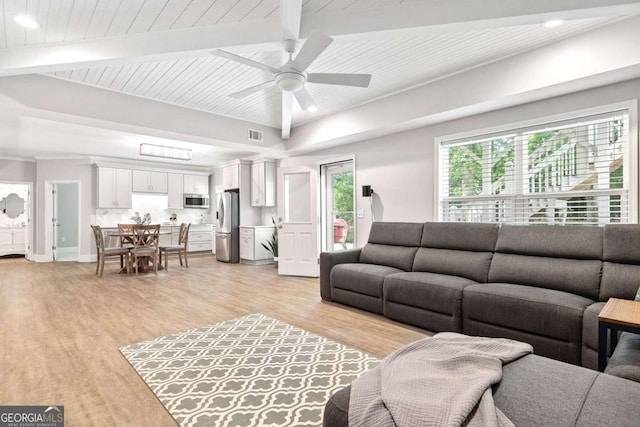 1596 Fearn Cir NE, Brookhaven, GA 30319 - living area with ceiling fan, light wood finished floors, and wooden ceiling