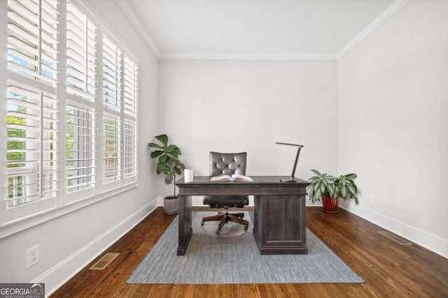 1596 Fearn Cir NE, Brookhaven, GA 30319 - office with baseboards, wood finished floors, and crown molding