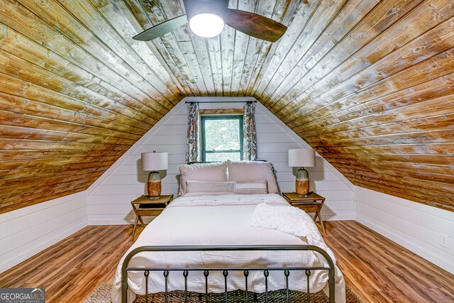 81 Falcon Cir Unit 2, Ellijay, GA 30540 - bedroom featuring wooden ceiling, wood finished floors, wood walls, lofted ceiling, and ceiling fan