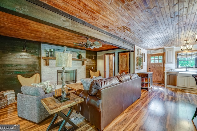 81 Falcon Cir Unit 2, Ellijay, GA 30540 - living area with hardwood / wood-style floors, a ceiling fan, wooden ceiling, and a fireplace