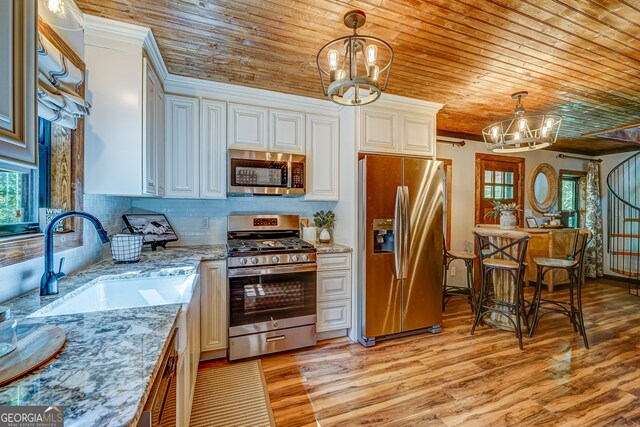 81 Falcon Cir Unit 2, Ellijay, GA 30540 - kitchen with stainless steel appliances, a chandelier, a sink, light wood-type flooring, and wood ceiling