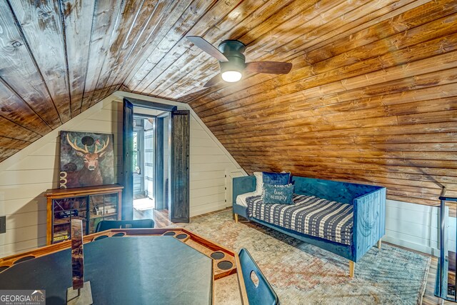81 Falcon Cir Unit 2, Ellijay, GA 30540 - bedroom featuring wooden ceiling, wooden walls, lofted ceiling, and ceiling fan