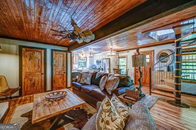 81 Falcon Cir Unit 2, Ellijay, GA 30540 - living room featuring wooden ceiling, wood finished floors, ceiling fan, a chandelier, and a skylight