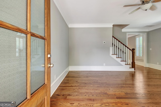46 Horseshoe Bend Way, Senoia, GA 30276 - foyer with wood finished floors, ceiling fan, crown molding, stairs, and baseboards