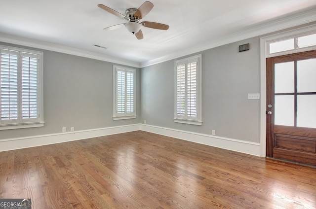 46 Horseshoe Bend Way, Senoia, GA 30276 - entryway with ornamental molding, ceiling fan, wood finished floors, and baseboards