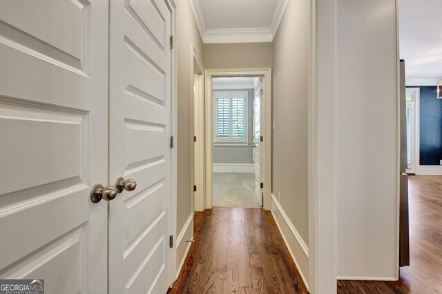 46 Horseshoe Bend Way, Senoia, GA 30276 - hallway featuring ornamental molding, dark wood-style floors, and baseboards