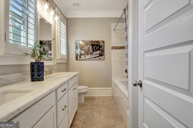 46 Horseshoe Bend Way, Senoia, GA 30276 - full bathroom featuring double vanity, toilet, crown molding, bathing tub / shower combination, and stone finish floors