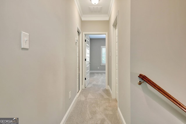 46 Horseshoe Bend Way, Senoia, GA 30276 - hallway with crown molding, light colored carpet, baseboards, and an upstairs landing