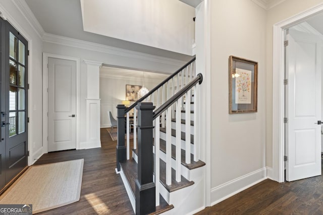 15626 Birmingham Hwy, Alpharetta, GA 30004 - entryway with dark wood finished floors, stairs, and ornamental molding