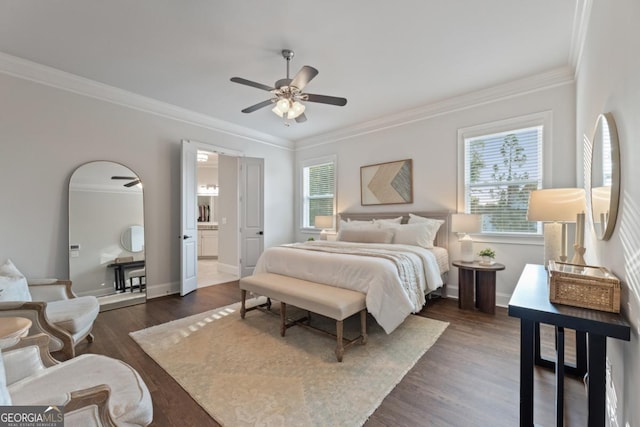 15626 Birmingham Hwy, Alpharetta, GA 30004 - bedroom featuring multiple windows, ornamental molding, dark wood-style floors, ceiling fan, and ensuite bathroom