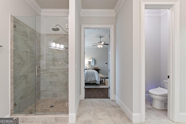 15626 Birmingham Hwy, Alpharetta, GA 30004 - ensuite bathroom featuring a stall shower, ornamental molding, and ceiling fan