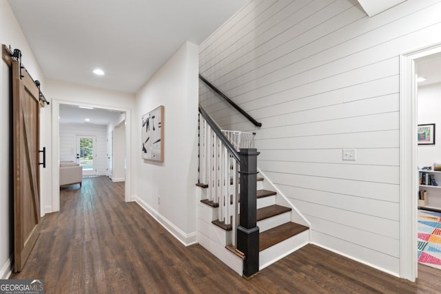15626 Birmingham Hwy, Alpharetta, GA 30004 - stairs with wood finished floors, a barn door, and recessed lighting
