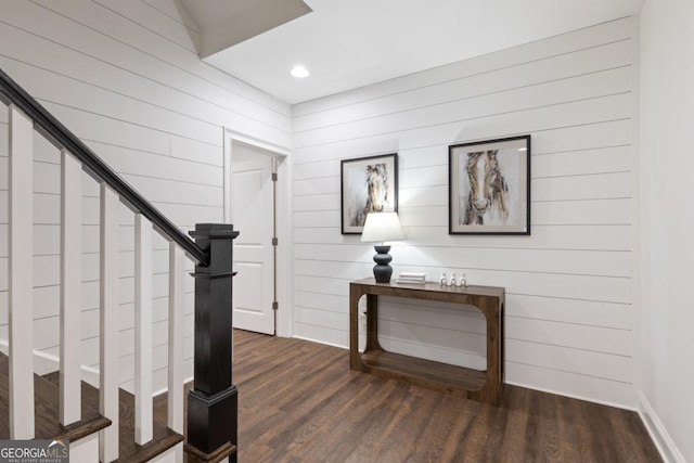 15626 Birmingham Hwy, Alpharetta, GA 30004 - hall featuring dark wood-type flooring, stairs, recessed lighting, and wooden walls