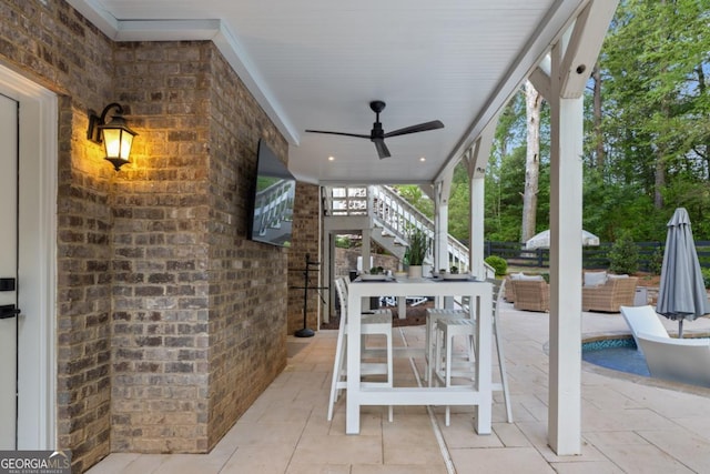 15626 Birmingham Hwy, Alpharetta, GA 30004 - view of patio / terrace featuring an outdoor hangout area, a ceiling fan, and stairway