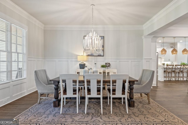 15626 Birmingham Hwy, Alpharetta, GA 30004 - dining space with a decorative wall, a chandelier, wood finished floors, crown molding, and a wainscoted wall