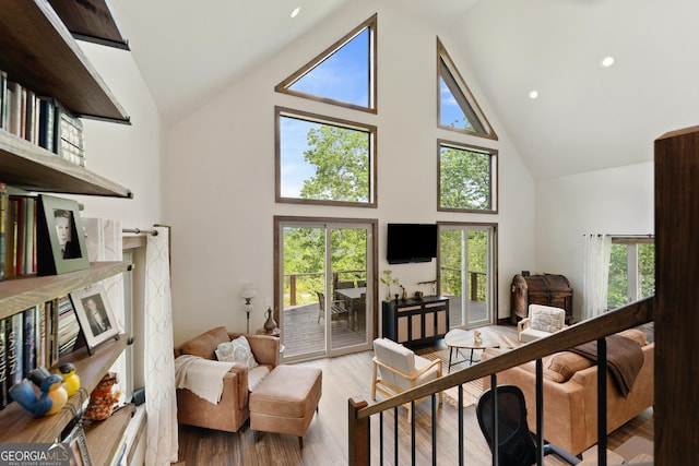 457 Monroe Ridge Rd, Sautee Nacoochee, GA 30571 - living room featuring high vaulted ceiling, light wood-style floors, a premium fireplace, and recessed lighting