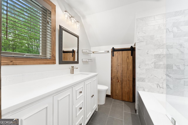 457 Monroe Ridge Rd, Sautee Nacoochee, GA 30571 - full bath featuring vanity, toilet, tile patterned flooring, and vaulted ceiling