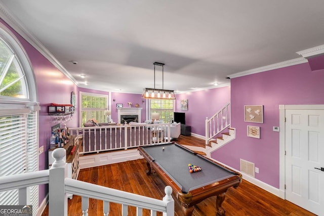 4259 Kings Troop Rd, Stone Mountain, GA 30083 - playroom featuring wood finished floors, ornamental molding, a fireplace, and pool table