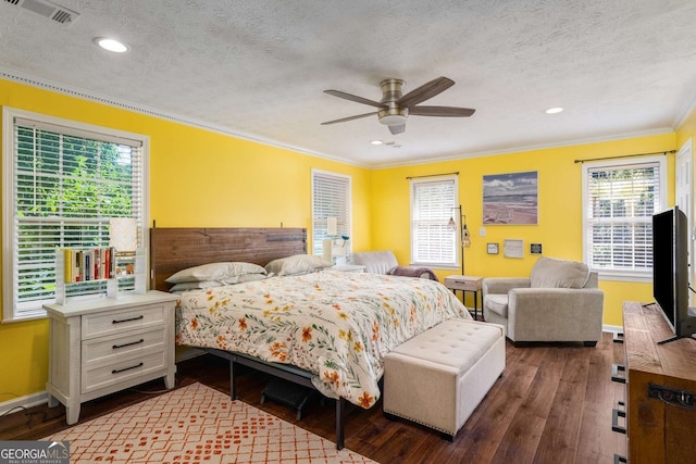 4259 Kings Troop Rd, Stone Mountain, GA 30083 - bedroom featuring ornamental molding, dark wood finished floors, a textured ceiling, recessed lighting, and a ceiling fan