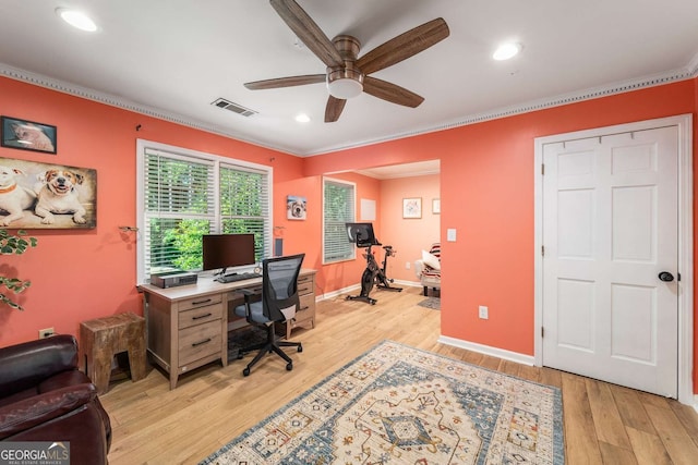 4259 Kings Troop Rd, Stone Mountain, GA 30083 - office area with a ceiling fan, light wood-style flooring, crown molding, and recessed lighting
