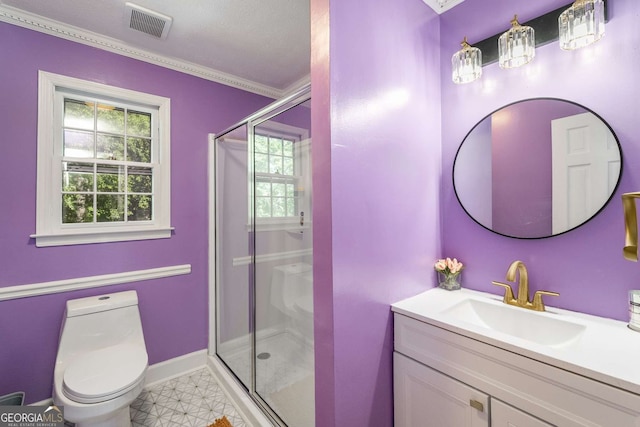 4259 Kings Troop Rd, Stone Mountain, GA 30083 - full bathroom with plenty of natural light, vanity, a stall shower, ornamental molding, and tile patterned floors