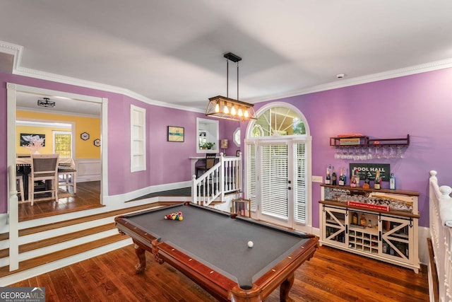 4259 Kings Troop Rd, Stone Mountain, GA 30083 - playroom with crown molding, wood finished floors, a dry bar, and billiards table
