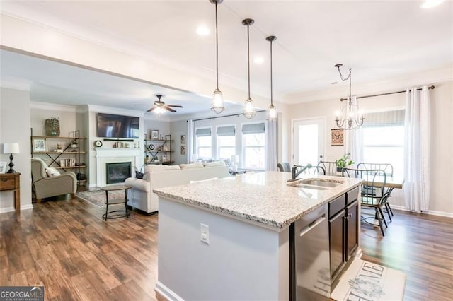 327 Nobleman Way, Canton, GA 30114 - kitchen with stainless steel dishwasher, ornamental molding, dark wood-style flooring, decorative light fixtures, and a fireplace