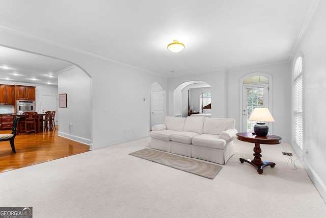 160 Torrey Pines Ct, Newnan, GA 30265 - living room with arched walkways, light carpet, ornamental molding, and baseboards