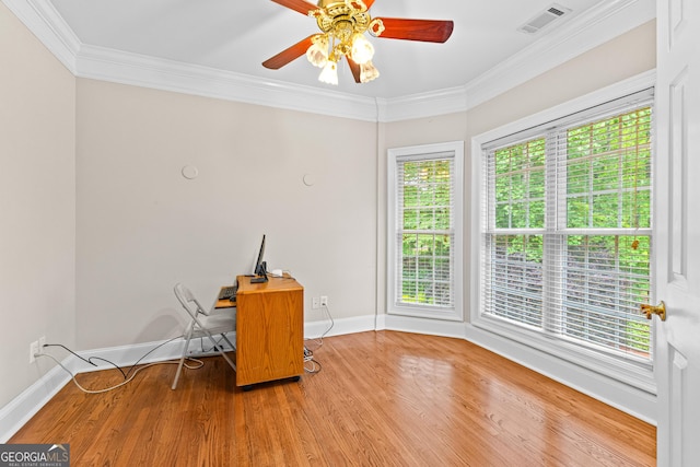 160 Torrey Pines Ct, Newnan, GA 30265 - unfurnished office with wood finished floors, crown molding, ceiling fan, and baseboards