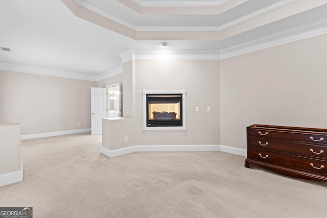 160 Torrey Pines Ct, Newnan, GA 30265 - spare room with ornamental molding, light colored carpet, a multi sided fireplace, and baseboards
