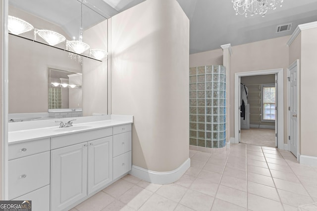 160 Torrey Pines Ct, Newnan, GA 30265 - full bath featuring a chandelier, vanity, baseboards, tile patterned floors, and a shower