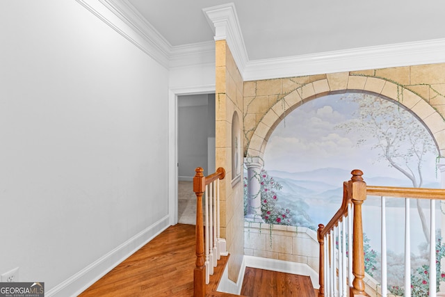 160 Torrey Pines Ct, Newnan, GA 30265 - stairs featuring wood finished floors, ornamental molding, and baseboards