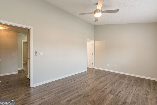 3151 Kingswood Gln, Decatur, GA 30034 - spare room featuring a textured ceiling, ceiling fan, dark wood-style flooring, baseboards, and high vaulted ceiling